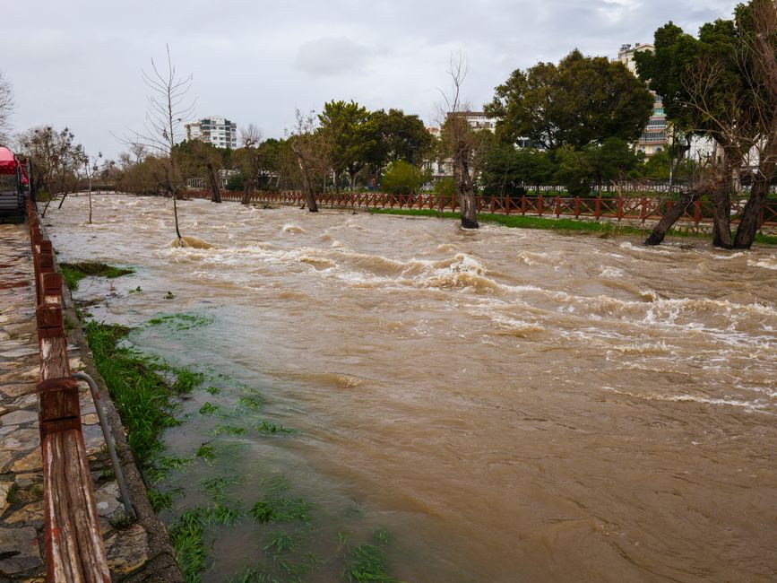 A flood-damaged urban park scene with a swollen river overflowing its banks, causing water to spread onto the paved walkway and grassy areas. The river water appears muddy and turbulent, with waves an