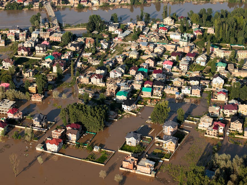 A flood-damaged urban park scene with a swollen river overflowing its banks, causing water to spread onto the paved walkway and grassy areas. The river water appears muddy and turbulent, with waves an